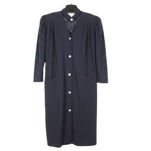 VTG JUDI FRIED Navy WOOL Pleated Detail CHOKER Button-Up SHIFT SHIRT DRESS Sz 10